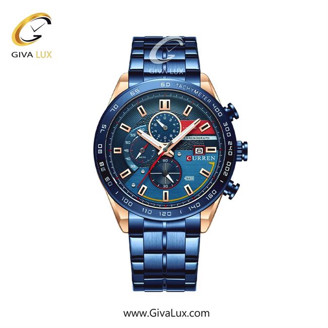 ساعت مچی اورجینال مردانه کارن (کورن) curren سه موتوره کرنوگراف آبی-رزگلد | آبی| آبی| کد رفرنس 8410BURS