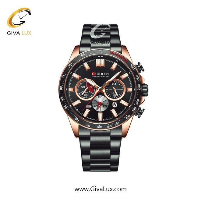 ساعت مچی اورجینال مردانه کارن (کورن) curren سه موتوره کرنوگراف رزگلد | مشکی| مشکی| کد رفرنس 8418BKRS