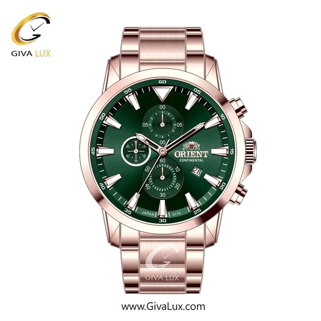 ساعت مچی اورجینال مردانه اورینت (کانتیننتال) | Orient (Continental) سه موتوره کرنوگراف رزگلد | رزگلد| سبز یشمی تیره| کد رفرنس 0115