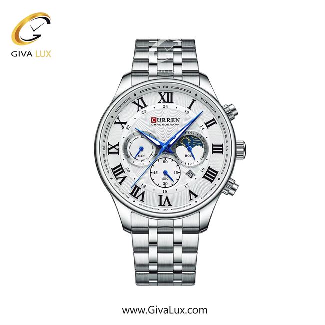 ساعت مچی اورجینال مردانه کارن (کورن) curren سه موتوره کرنوگراف نقره ای | نقره ای| نقره ای| کد رفرنس 8427SL