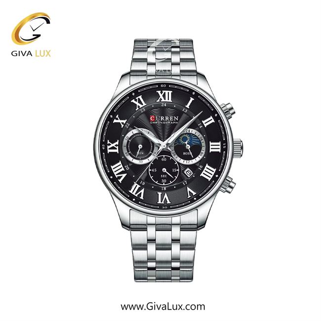 ساعت مچی اورجینال مردانه کارن (کورن) curren سه موتوره کرنوگراف نقره ای | نقره ای| مشکی| کد رفرنس 8427SLBK