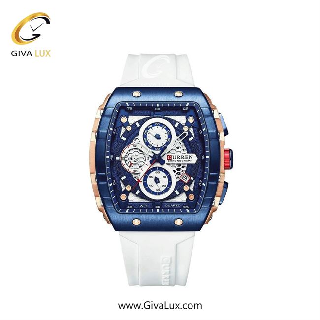 ساعت مچی اورجینال مردانه کارن (کورن) curren سه موتوره کرنوگراف رزگلد-آبی کاربنی | سفید| سفید-آبی کاربنی| کد رفرنس 8442 W/BE