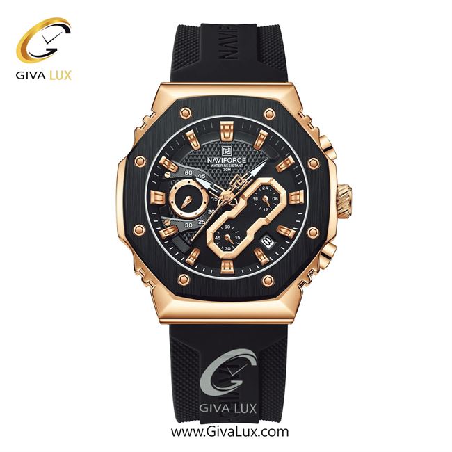 ساعت مچی اورجینال ناوی فورس مردانه سه موتوره کرنوگراف رزگلد | مشکی | مشکی | کد رفرنس NF8035-RG/B/B