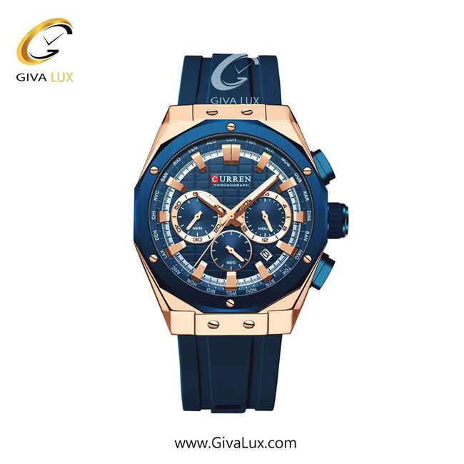 ساعت مچی اورجینال مردانه کارن (کورن) curren سه موتوره کرنوگراف رزگلد | آبی| آبی| کد رفرنس 8464BURS