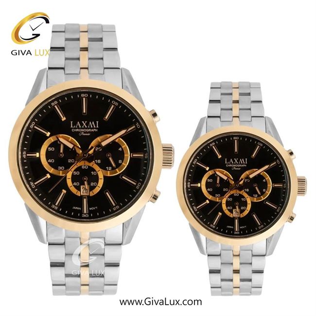 ساعت مچی اورجینال ست لاکسمی سه موتوره کرنوگراف طلایی | طلایی-نقره ای| مشکی| کد رفرنس زنانه: 8543-10L ، مردانه: 8543-10G