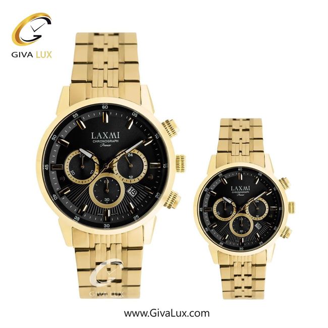 ساعت مچی اورجینال ست لاکسمی سه موتوره کرنوگراف طلایی | طلایی| مشکی| کد رفرنس زنانه: 8546-1L ، مردانه: 8546-1G