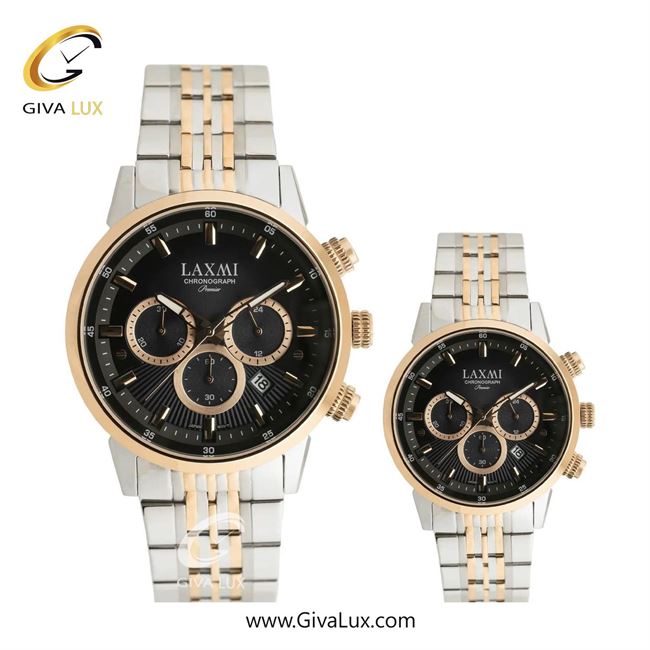 ساعت مچی اورجینال ست لاکسمی سه موتوره کرنوگراف طلایی | طلایی-نقره ای| مشکی| کد رفرنس زنانه: 8546-2L ، مردانه: 8546-2G
