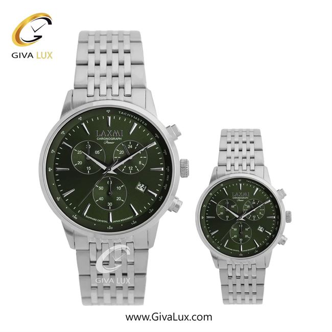 ساعت مچی اورجینال ست لاکسمی سه موتوره کرنوگراف نقره ای | نقره ای| سبز یشمی تیره| کد رفرنس زنانه: 8562-7L ، مردانه: 8562-7G
