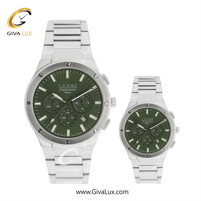 ساعت مچی اورجینال ست لاکسمی سه موتوره کرنوگراف نقره ای | نقره ای| سبز یشمی تیره| کد رفرنس زنانه:8568-4L، مردانه:8568-4G