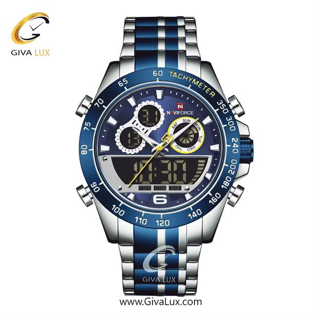 ساعت مچی اورجینال مردانه ناوی فورس|Naviforce|نوی فورس|نیوی فورس دو زمانه آبی-نقره ای | نقره ای-آبی| آبی کاربنی| کد رفرنس NF9188 S/BE/BE