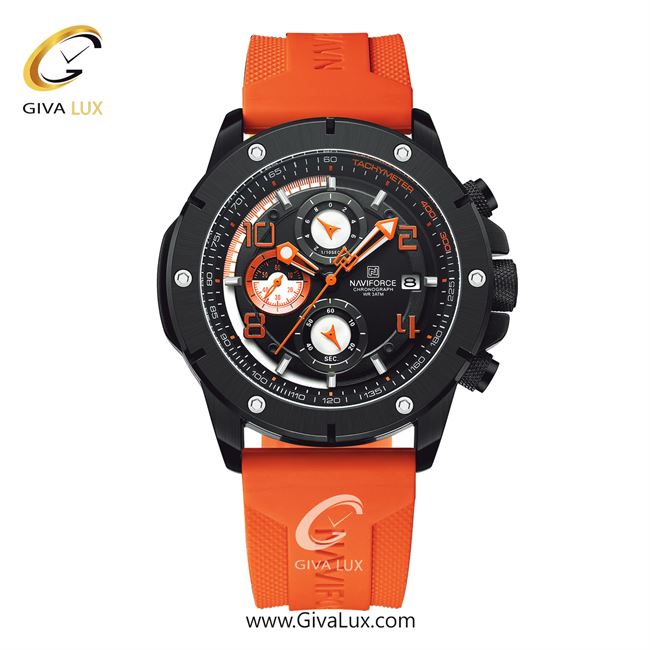 ساعت مچی اورجینال مردانه ناوی فورس|Naviforce|نوی فورس|نیوی فورس سه موتوره کرنوگراف مشکی | نارنجی| مشکی| کد رفرنس NF8034-B/B/O