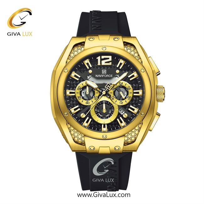 ساعت مچی اورجینال اسپرت-مردانه ناوی فورس|Naviforce|نوی فورس|نیوی فورس سه موتوره کرنوگراف طلایی | مشکی| مشکی| کد رفرنس NF8063 G/B/B