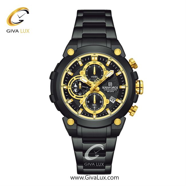 ساعت مچی اورجینال مردانه ناوی فورس|Naviforce|نوی فورس|نیوی فورس سه موتوره کرنوگراف مشکی | مشکی| مشکی| کد رفرنس NF8071 B/G/B