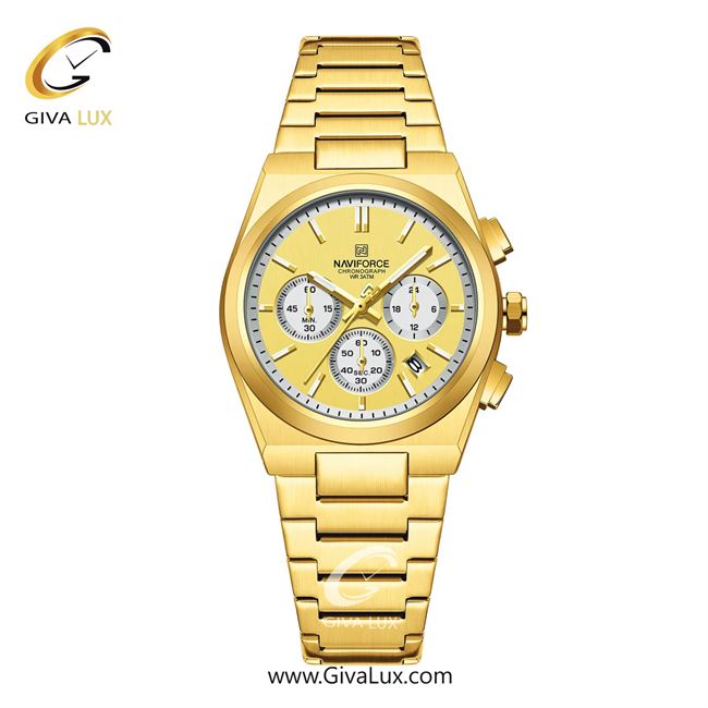 ساعت مچی اورجینال ناوی فورس زنانه سه موتوره کرنوگراف طلایی | طلایی | طلایی | کد رفرنس NF8048-G/G/G