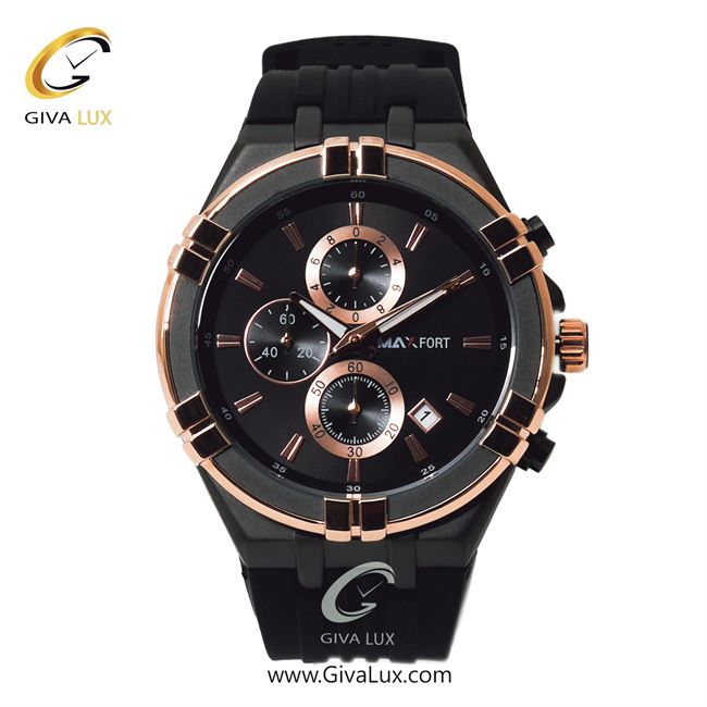 ساعت مچی اورجینال مردانه مکس فورت (MAXFORT) سه موتوره کرنوگراف رزگلد | مشکی| مشکی| کد رفرنس MX-9001G-10