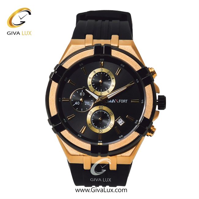 ساعت مچی اورجینال مردانه مکس فورت (MAXFORT) سه موتوره کرنوگراف طلایی | مشکی| مشکی| کد رفرنس MX-9001G-90