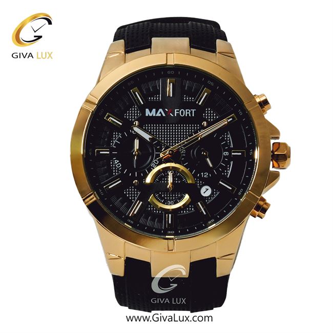 ساعت مچی اورجینال مردانه مکس فورت (MAXFORT) سه موتوره کرنوگراف طلایی | مشکی| مشکی| کد رفرنس MX-9002G-40