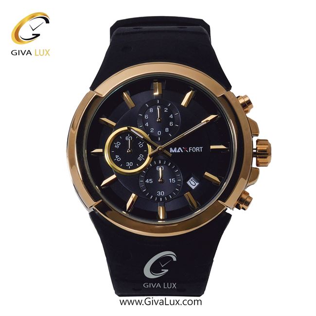 ساعت مچی اورجینال مردانه مکس فورت (MAXFORT) سه موتوره کرنوگراف طلایی | مشکی| مشکی| کد رفرنس MX-9003G-40