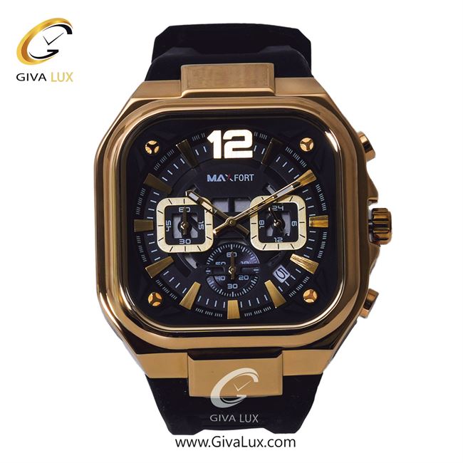 ساعت مچی اورجینال مردانه مکس فورت (MAXFORT) سه موتوره کرنوگراف طلایی | مشکی| مشکی| کد رفرنس MX-9004G-00