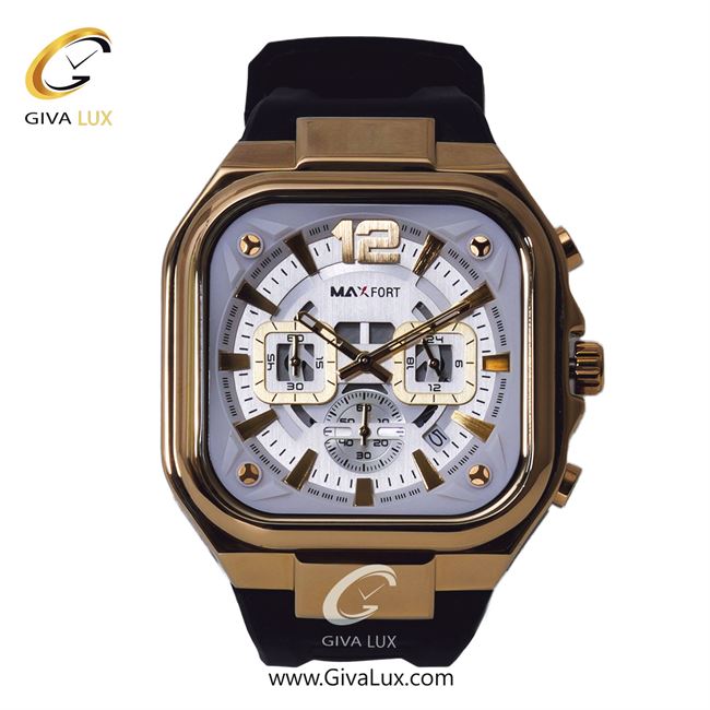 ساعت مچی اورجینال مردانه مکس فورت (MAXFORT) سه موتوره کرنوگراف طلایی | مشکی| سفید| کد رفرنس MX-9004G-20