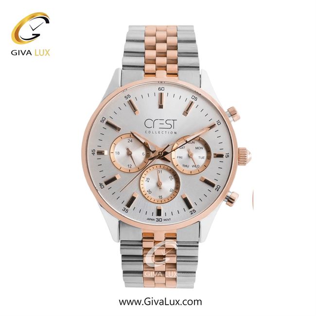 ساعت مچی اورجینال مردانه کرست | Crest سه موتوره فول تایم رزگلد-نقره ای | نقره ای-رزگلد| نقره ای| کد رفرنس Crest 9032-6G