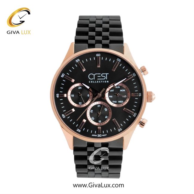 ساعت مچی اورجینال مردانه کرست سه موتوره فول تایم رزگلد | مشکی| مشکی| کد رفرنس Crest 9032-7G