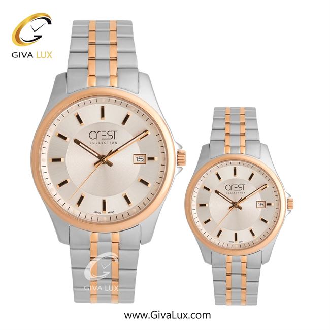ساعت مچی اورجینال ست کرست | Crest رزگلد-نقره ای | نقره ای-رزگلد| شامپاینی| کد رفرنس زنانه:Crest 9057-7L مردانه:Crest 9057-7G