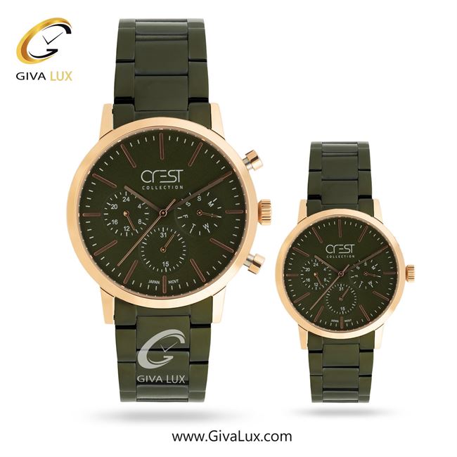 ساعت مچی اورجینال ست کرست | Crest سه موتوره فول تایم رزگلد | زیتونی| زیتونی| کد رفرنس Crest 9062-5
