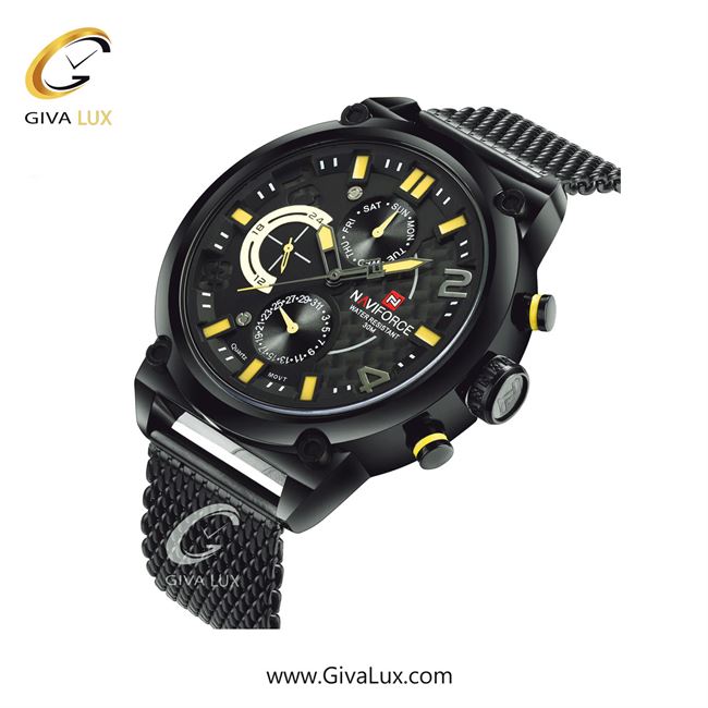 ساعت مچی مردانه سه موتوره فول تایم بند استیل حصیری مشکی ناوی فورس (نیوی فورس) NF9068 B/Y/B 9068BYB-2.jpg