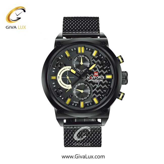 ساعت مچی مردانه سه موتوره فول تایم بند استیل حصیری مشکی ناوی فورس (نیوی فورس) NF9068 B/Y/B