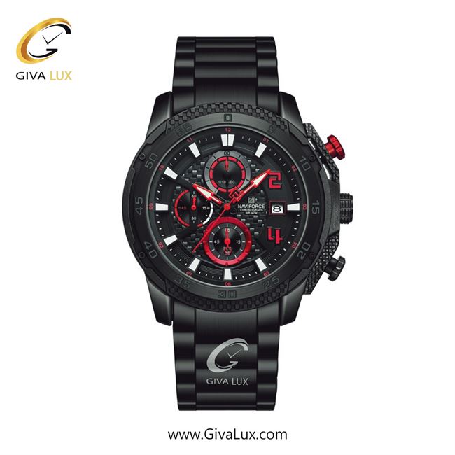 ساعت مچی اورجینال مردانه ناوی فورس|Naviforce|نوی فورس|نیوی فورس سه موتوره کرنوگراف مشکی | مشکی| قرمز| کد رفرنس NF8047 B/R/B