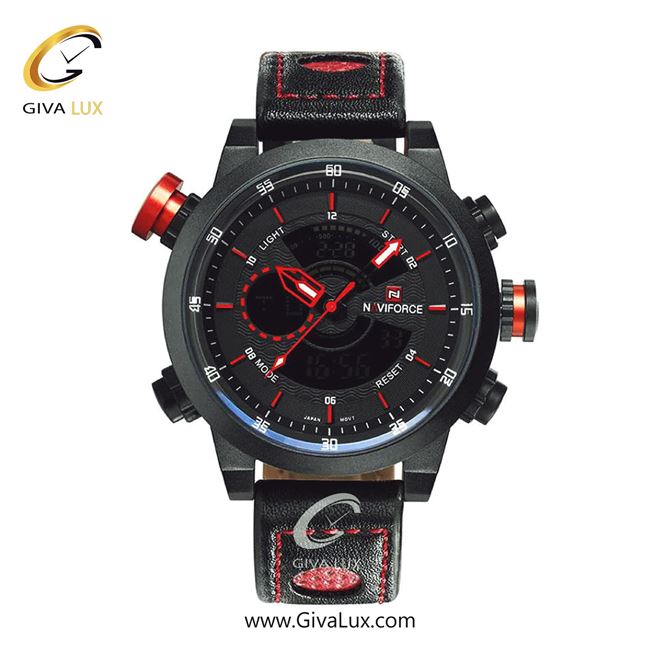 ساعت مچی مردانه دو زمانه بند چرمی ناوی فورس (نیوی فورس) مشکی-قرمزNF9081
