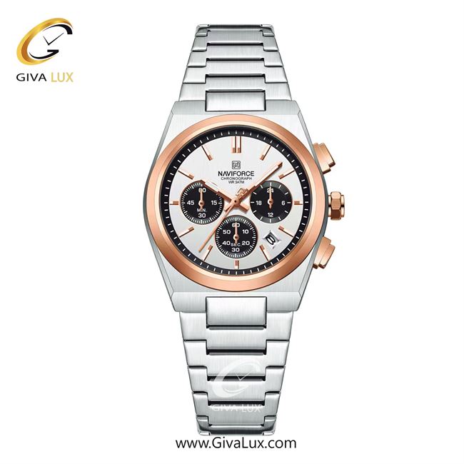 ساعت مچی اورجینال ناوی فورس زنانه سه موتوره کرنوگراف نقره ای-رزگلد | نقره ای | سفید | کد رفرنس NF8048-S/W/RG