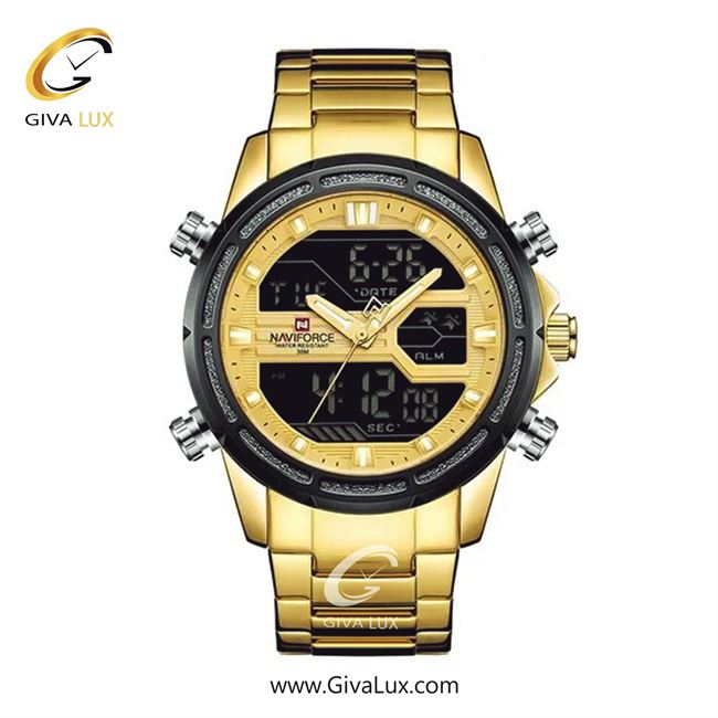 ساعت مچی اورجینال مردانه ناوی فورس|Naviforce|نوی فورس|نیوی فورس دو زمانه مشکی | طلایی| طلایی| کد رفرنس NF9146 G/W/G