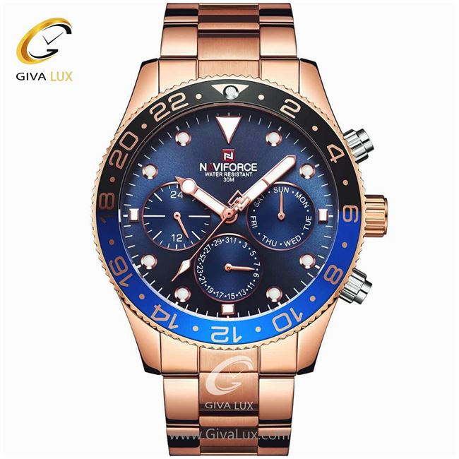 ساعت مچی اورجینال مردانه ناوی فورس|Naviforce|نوی فورس|نیوی فورس سه موتوره فول تایم رزگلد | رزگلد| سرمه ای| کد رفرنس NF9147