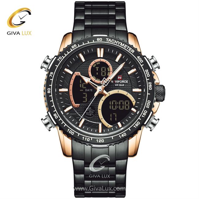 ساعت مچی اورجینال مردانه ناوی فورس|Naviforce|نوی فورس|نیوی فورس دو زمانه رزگلد | مشکی| مشکی| کد رفرنس NF9182
