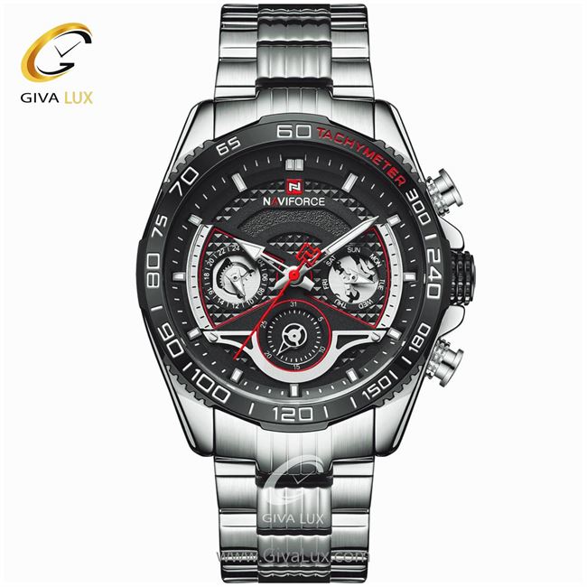 ساعت مچی اورجینال مردانه ناوی فورس|Naviforce|نوی فورس|نیوی فورس سه موتوره فول تایم نقره ای | نقره ای| مشکی| کد رفرنس NF9185