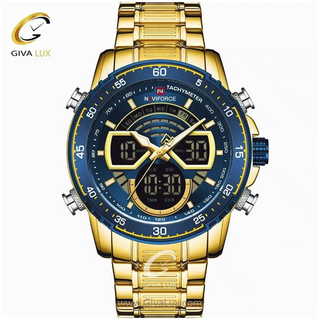 ساعت مچی اورجینال ناوی فورس مردانه دو زمانه طلایی | طلایی | آبی کاربنی | کد رفرنس NF9189