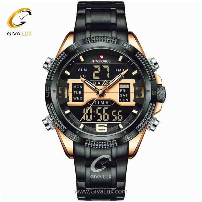 ساعت مچی اورجینال مردانه ناوی فورس|Naviforce|نوی فورس|نیوی فورس دو زمانه رزگلد | مشکی| مشکی| کد رفرنس NF9201