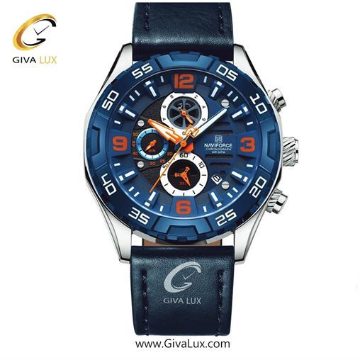 ساعت مچی اورجینال مردانه ناوی فورس|Naviforce|نوی فورس|نیوی فورس سه موتوره کرنوگراف نقره ای-آبی | سرمه ای| سرمه ای| کد رفرنس NF8043 S/GN/GN