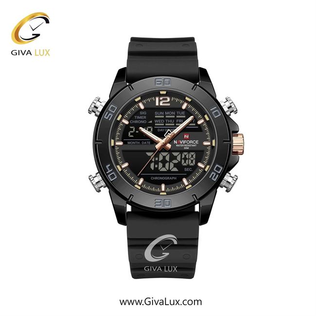 ساعت مچی اورجینال مردانه ناوی فورس|Naviforce|نوی فورس|نیوی فورس دو زمانه مشکی | مشکی| مشکی-رزگلد| کد رفرنس NF9253 T B/RG/B