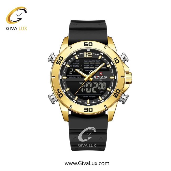ساعت مچی اورجینال مردانه ناوی فورس|Naviforce|نوی فورس|نیوی فورس دو زمانه طلایی | مشکی| مشکی| کد رفرنس NF9253 T G/B/B