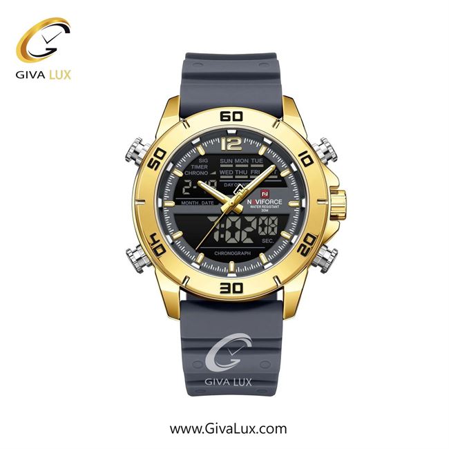 ساعت مچی اورجینال مردانه ناوی فورس|Naviforce|نوی فورس|نیوی فورس دو زمانه طلایی | طوسی| طوسی-مشکی| کد رفرنس NF9253 T G/GY/GY