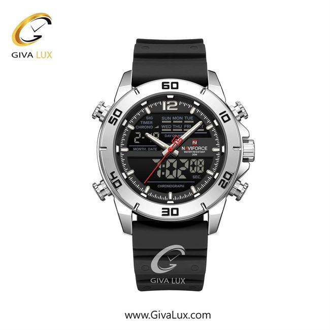 ساعت مچی اورجینال مردانه ناوی فورس|Naviforce|نوی فورس|نیوی فورس دو زمانه نقره ای | مشکی| مشکی| کد رفرنس NF9253 T S/B/B