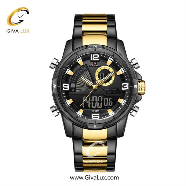 ساعت مچی اورجینال مردانه ناوی فورس|Naviforce|نوی فورس|نیوی فورس دو زمانه مشکی | طلایی-مشکی| مشکی| کد رفرنس NF9257 B/G/B
