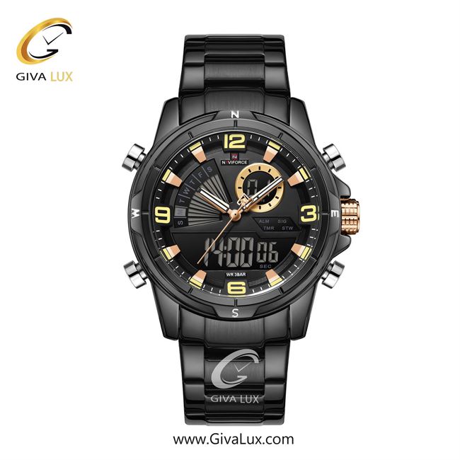 ساعت مچی اورجینال مردانه ناوی فورس|Naviforce|نوی فورس|نیوی فورس دو زمانه مشکی | مشکی| مشکی| کد رفرنس NF9257 B/RG/B