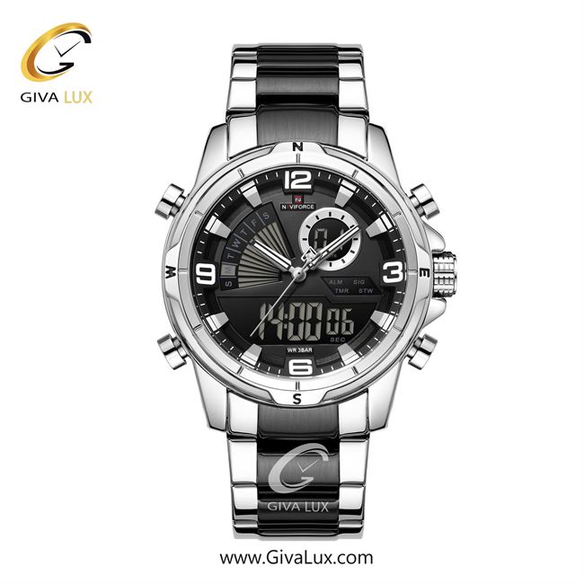 ساعت مچی اورجینال مردانه ناوی فورس|Naviforce|نوی فورس|نیوی فورس دو زمانه نقره ای | نقره ای-مشکی| مشکی| کد رفرنس NF9257 S/B/B