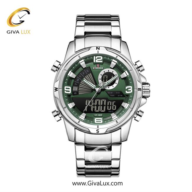 ساعت مچی اورجینال مردانه ناوی فورس|Naviforce|نوی فورس|نیوی فورس دو زمانه نقره ای | نقره ای| سبز یشمی تیره| کد رفرنس NF9257 S/GN/S