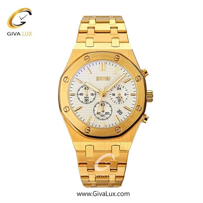 ساعت مچی اورجینال مردانه اسکمی (Skmei) سه موتوره کرنوگراف طلایی | طلایی| سفید| کد رفرنس 9296