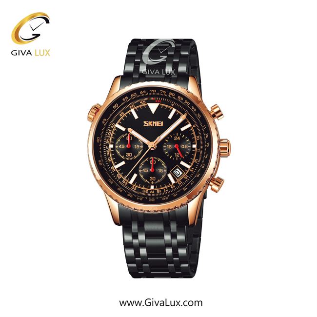 ساعت مچی اورجینال مردانه اسکمی (Skmei) سه موتوره کرنوگراف رزگلد | مشکی| مشکی| کد رفرنس 9333RGBK